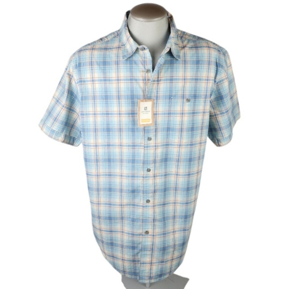 Life.Khaki Cotton Plaid Short Sleeve Button Front Shirt Blue Size XL Slim Fit